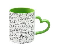 Giftme Boobs Pattern - Black and White line Drawing, Life Drawing, Feminine Art Coffee Tea Mug Unique Heart Handle Ceramic Mug. (Green Heart Handle Mug)