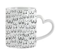 Giftme Boobs Pattern - Black and White line Drawing, Life Drawing, Feminine Art Coffee Tea Mug Unique Heart Handle Ceramic Mug. (White Heart Handle Mug)