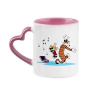 Giftme Calvin and Hobbes Dancing with Music, Cartoon Character, 11oz Heart Handle Ceramic Mug. (Pink)