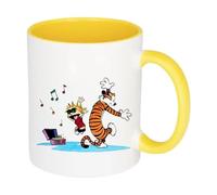 Giftme Calvin and Hobbes Dancing with Music, Cartoon Character, 11oz Inside Coloured Ceramic Mug. (Yellow)