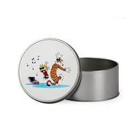 Giftme Calvin and Hobbes Dancing with Music, Cartoon Character, Metal Tin Storage Box Biscuit Chocolate Tin Emergency Stuff Tin. (Round)