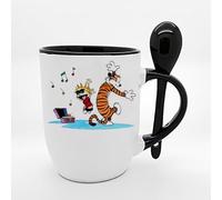 Giftme Calvin and Hobbes Dancing with Music, Cartoon Character, Unique Spoon Ceramic Mug. (Black)