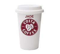 Giftme Costa Coffee Personalised, Dual Wall Eco Insulated White Ceramic Travel Mug with White Lid, Reusable Keep Cup