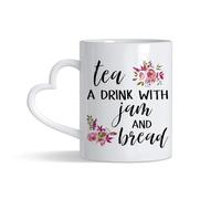 Giftme Floral Tea Mug “Tea A Drink with Jam and Bread” - Aesthetic Flower Design Mug, 11oz Heart Handle Cup, Coffee, Tea Mug. (White)