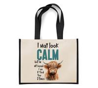 Giftme Funny Highland Cow - I May Look Calm But In My Head I’ve Killed You 3 Times Reusable Cotton Jute Bag for Women, Jute Bag, Shopping Bag (Black)