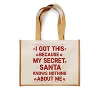 Giftme Funny Secret Santa | “I Got This Because My Secret Santa Knows Nothing About Me” Tote Bag | Jute Bag, Shopping Bag (Natural)