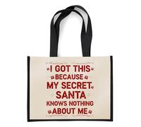 Giftme Funny Secret Santa | “I Got This Because My Secret Santa Knows Nothing About Me” Tote Bag | Jute Bag, Shopping Bag (Black)