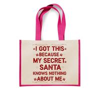 Giftme Funny Secret Santa | “I Got This Because My Secret Santa Knows Nothing About Me” Tote Bag | Jute Bag, Shopping Bag (Pink)