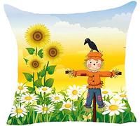 Giftme Happy Fall Hello Autumn Sunflower Scarecrow Crow Daisy themed Linen Cushion Cover-Throw Pillow Cover.