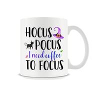 Giftme Hocus Pocus I Need Coffee to Focus, Halloween Mug, Balck Cat Mug, 11oz White Ceramic Mug.