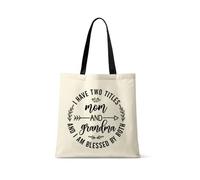 Giftme I Have Two Titles Mom And Grandma And I Am Blessed By Both - Mother & Grandmother Gift, Reusable Bag, Shopping Bag, Tote Bag. (Black Handle)