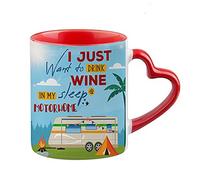 Giftme I Just Want to Drink Wine and Sleep in My Motorhome Birthday Secret Santa Motorhome Gift Coffee Tea Mug Heart Handle Ceramic Mug. (Red Heart Handle Mug)