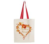 Giftme I Love Autumn Fall Leaves Heart Shaped, Happy Fall, Thanksgiving, Birthday, Christmas Shoulder Bag Shopping Tote Bag Cotton Shopping Bag. (Red Handle)