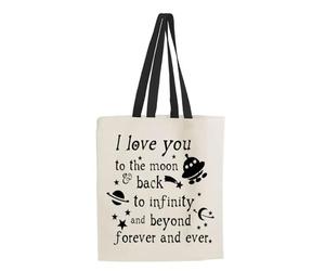 Giftme I Love you to the moon & back to infinity and beyond forever and ever, Shopping Bag, Tote Bag. (Black Handle)