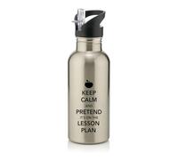 Giftme Keep Calm and Pretend It's On The Lesson Plan, Best Teachers Presents, Stainless Steel 600ml Water Bottle with Straw. (Silver)