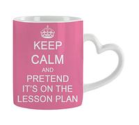 Giftme Keep Calm and Pretend It's On The Lesson Plan Teachers Day, End of School Year Coffee Tea Mug Unique Heart Handle Ceramic Mug. (White Heart Handle Mug, Light Pink)