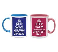 Giftme Keep Calm I'm The World's Greatest Grandad/Nan Fathers Day Mothers Day Birthday Christmas Coffee Tea Mug Unique Blue Pink Inside Coloured Ceramic Mug Set of 2.