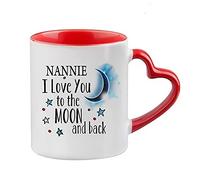 Giftme Mothers Day Themed Nannie I Love You to The Moon & Back Secret Santa Birthday Coffee Tea Mug Unique Heart Handle Ceramic Mug. (Red Heart Handle Mug)