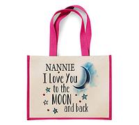 Giftme Mothers Day themed Nannie I Love You to The Moon & Back Secret Santa Birthday Shoulder Bag Shopping Shoppers Jute Bag Unique Reusable Jute Bag for Life. (Pink)