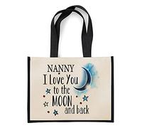 Giftme Mothers Day themed Nanny I Love You to The Moon & Back Secret Santa Birthday Shoulder Bag Shopping Shoppers Jute Bag Unique Reusable Jute Bag for Life. (Black)