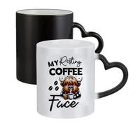 Giftme My Resting Coffee FACE - Highland Cow Lover Gift - Ceramic Heart Handle Mug,Colour Changing Magic Mug.