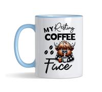 Giftme My Resting Coffee FACE - Highland Cow Lover Gift - Coloured Rim Mug, Coffee, Tea Mug. (Blue Rim)