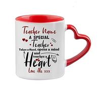 Giftme Personalised A Special Teacher Takes a Hand Opens a Mind Touches a Heart Teacher Appreciation, End of School Year Coffee Tea Mug Heart Handle Ceramic Mug. (Red Heart Handle Mug)