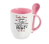 Giftme Personalised A Special Teacher Takes a Hand Opens a Mind Touches a Heart Teacher Appreciation, End of School Year Coffee Tea Mug Unique Spoon Ceramic Mug. (Pink Spoon)