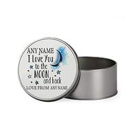 Giftme Personalised ANY NAME I love You To The Moon And Back Portable Metal Tin Storage Box Biscuit Chocolate Tin Emergency Stuff Tin Birthday Present. (Round)