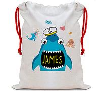 Giftme Personalised Captain Sailor Whale/Shark Fish ANY NAME for Kids-Boys Toddlers Storage Sack, Kids Toys Sack, Kids Stuff Sack linen santa sack with drawstrings Toy bag (Sack - Natural Strings)
