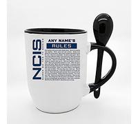 Giftme Personalised NCIS ''Gibbs' Rules Custom Name Birthday, Christmas Coffee Tea Mug Unique Spoon Ceramic Mug. (Black Spoon)