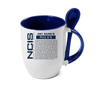 Giftme Personalised NCIS ''Gibbs' Rules Custom Name Birthday, Christmas Coffee Tea Mug Unique Spoon Ceramic Mug. (Blue Spoon)