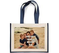 Giftme Personalised with your own Image, Text, Any Name, Logo themed canvas shopping Jute Bag,Gift For Christmas, Birthday. (Navy Blue)