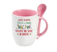 Giftme Personalised You're a Terrific Teacher Any Name You Put The Cool in School End of Term Teacher Appreciation Coffee Tea Mug Unique Spoon Ceramic Mug. (Pink Spoon)