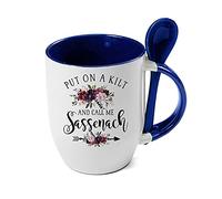 Giftme Put On A Kilt and Call Me Sassenach Outlander Gifts,Highlander Gifts Birthday Coffee Tea Mug Unique Spoon Ceramic Mug. (Blue Spoon)