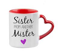 Giftme Sister from Another Mister Themed Birthday Gift Coffee Tea Mug Unique Heart Handle Ceramic Mug. (Red Heart Handle Mug)