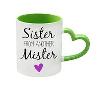 Giftme Sister from Another Mister Themed Birthday Gift Coffee Tea Mug Unique Heart Handle Ceramic Mug. (Green Heart Handle Mug)