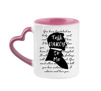 Giftme Talk Darcy to Me Jane Austen, Literary Quotes, Book Lover Coffee Tea Mug 11oz Heart Handle Ceramic Mug. (Pink)