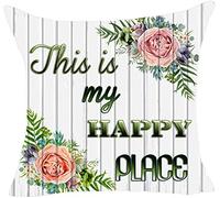 Giftme This is My Happy Place Wood Grain Background Flower themed Linen Cushion Cover-Throw Pillow Cover.