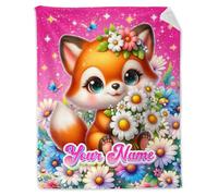 GiftoFLUX Personalised Custom Name Fox Blanket for Girls - Super Soft & Warm Anti-Pilling Flannel Throw for Toddler Kids, Ideal for Bed, Sofa, Lap and Office Use