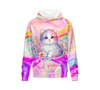 GiftoFLUX Personalised Girls Hoodie with Custom Name - Cat Motif Kids Pullover Sweatshirt with Pockets for Little and Big Girls, Soft Cotton Fabric for Everyday Wear,Machine Washable