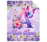 GiftoFLUX Personalised Kids Butterfly Blanket - Soft Flannel Throw for Bedroom Decor - Custom Name Initial Gifts - Available in 4 Sizes