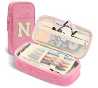 GIFTOXO Pencil Bag, Pencil Case for Girls Women, Preppy Pencil Case, Large Initial Pencil Pouch with Zipper, Back to School Supplies, Aesthetic Pen Case Box for Kids Teen Girls - N(Pink)