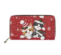 GIFTPUZZ Fashion Printed Womens Walllets RFID Blocking Multi Card Case Clutch Purse Zip Around, Christmas Cat Red, One Size, Casual