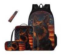 GIFTPUZZ School Backpack for Boys 4PCS Book Bag Set with Lunch Box Pencil Case and Keychain for Kids Ages 4-9 9-14, American Flag Dog
