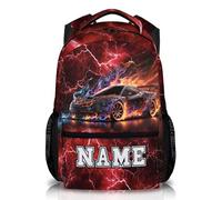 GiftRomance Boys Personalised Racing Backpack - Custom 17" Kids School Rucksack with Name - Red Lightning Car Print - Lightweight Bag for Nursery, Primary or Travel