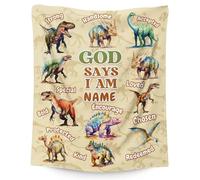 GiftRomance Christian Dinosaur Blanket for Kids - Personalised Dino Themed Flannel Throw with Custom Name, Faith-Based Gift for Children, Baptism Birthday Present