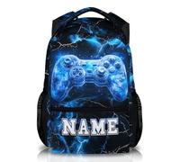 GiftRomance Custom Boys Gamer Backpack with Name - Personalised Gaming School Bag - 17 Inch Kids Rucksack with Blue Lightning and Game Controller Design