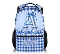 GiftRomance Personalised Blue Bow Backpack with Name & Initial | Classic Gingham Plaid Girls School Bag, Durable All-over Print Oxford Rucksack for Nursery & Primary School
