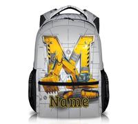 GiftRomance Personalised Digger Backpack with Name and Initial | Custom Construction Excavator Boys School Bag, Durable Oxford Fabric Kids Rucksack for Primary Students